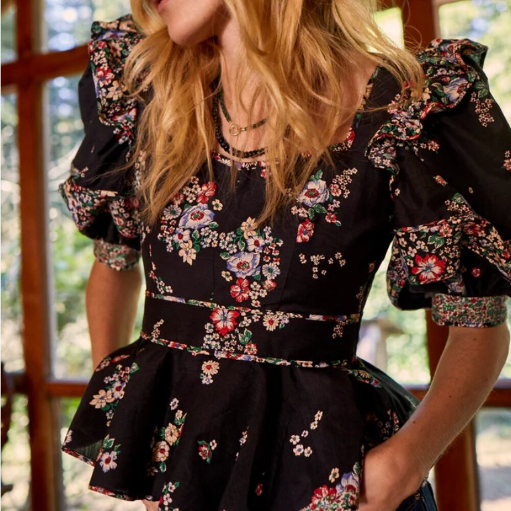 Hunter Bell NYC | Blayne Puff-Sleeve Floral Poplin Peplum Top | Black Floral